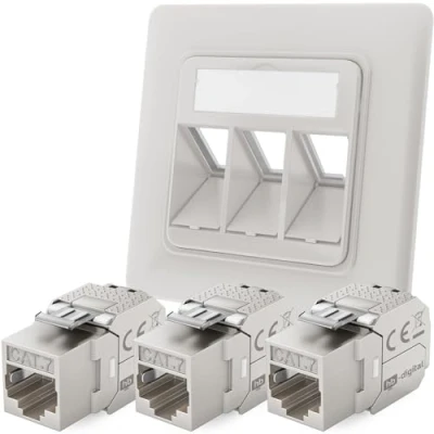 Abbildung von hb digital 3 Port CAT 7 Netzwerkdose unterputz RAL9003 + 3X Keystone RJ45 Modul LAN Ethernet Dose Buchse Einbaubuchse für 5e 6 6a max. 10 Gbit/s STP Signalweiß