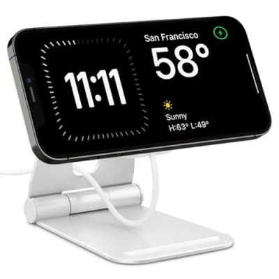 Abbildung von Spigen Mag Fit S Ständer Halterung aus Aluminium Verstellbar Kompatibel mit MagSafe Ladegerät 2020 2023, iPhone Serie 16/15/14/13/12, AirPods 4 (2024), Pro 1/2 und 3 Weiß