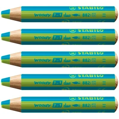 Abbildung von duo Buntstift, Wasserfarbe &amp; Wachsmalkreide STABILO woody 3 in 1 zweifarbige Mine 5er Pack türkis/hellgrün
