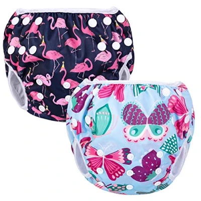 Abbildung von Luxja Schwimmwindel wiederverwendbar (2 Stück), Baby Schwimmhose Verstellbarer, Waschbar für (0 3 Jahre), Butterfly + Flamingo