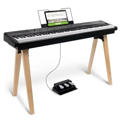 Abbildung von Alesis Recital Home Digital Piano mit 88 Gewichteten Hammermechanik Tasten, Ständer, Pedalen und Unterrichtsmaterial, Schwarz