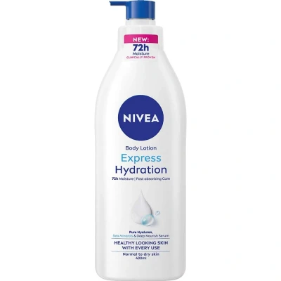 Abbildung von NIVEA Express Hydration Body Lotion (400 ml), schnell einziehende 72H Feuchtigkeitspflege für trockene Haut, hergestellt mit tiefem Feuchtigkeitsserum und Meeresmineralien, glatte Haut