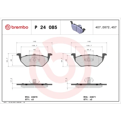 Abbildung von BREMBO P 24 085 Bremsbelagsatz exkl. Verschleißwarnkontakt mit Kolbenclip ohne Zubehör FORD: Maverick SUV, MAZDA: Tribute Station Wagon