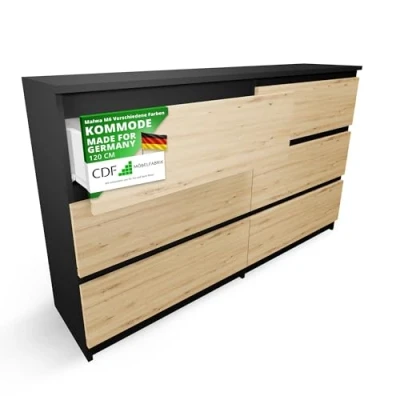 Abbildung von CDF Kommode Malwa M6 120 Farbe: Anthrazit Eiche Artisan Schrank für Dokumente, Kleinigkeiten Ideal Wohnzimmer, Schlafzimmer, Kinderzimmer, Jugendzimmer und Büro 6 geräumige Schubladen