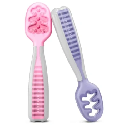 Abbildung von NumNum Baby Löffel 2er Set, Silikon Esslernlöffel für ab 6 Monate BPA frei Lernlöffel und Breilöffel BLW Beikost Zubehör Ideales Esslernbesteck Lila/Rosenknospe