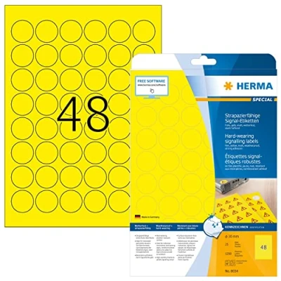 Abbildung von HERMA 8034 Wetterfeste Folienetiketten rund, 25 Blatt, Ø 30 mm, 48 pro A4 Bogen, 1200 Stück, selbstklebend, bedruckbar, matt, blanko Outdoor Signal Etiketten Aufkleber aus Folie, gelb