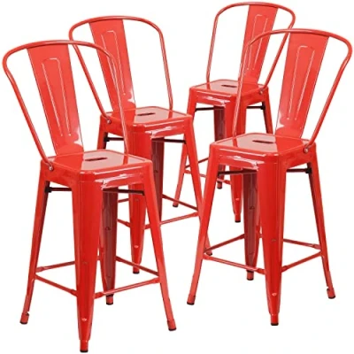 Abbildung von Flash Furniture Commercial Grade 4er Pack 61 cm Hoher Metallhocker für drinnen und draußen mit Rückenlehne, Kunststoff, verzinkter Stahl, rot, 4 Stück