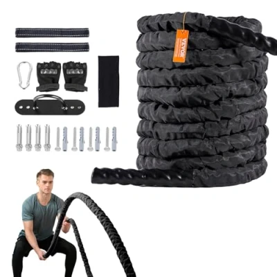 Abbildung von VEVOR Battle Rope Trainingsseil, Übungsseil, Schlachtseil 9,1 m Länge, Polyester Trainingsseil mit Schutzhülle und Anker, Schlagseil für das Heim Fitnessstudio, Körpertraining, Rumpfkrafttraining