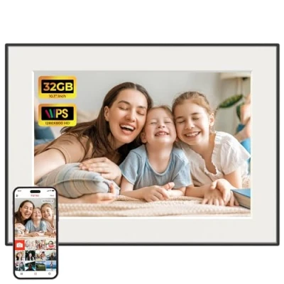 Abbildung von Frameo Digitaler Bilderrahmen, 10,1 Zoll, 1280x800 IPS Touchscreen, WiFi, automatische Drehung, 32GB Speicher, sofort Fotos/Videos teilen via App von überall.
