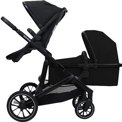 Abbildung von Deryan EVY V2 Kinderwagen für 2 Kinder Neugeborene, Kleinkinder &amp; im Vorschulalter Baby Buggy bis 50kg Wagen Reise in 1 Komplettset Schwarz