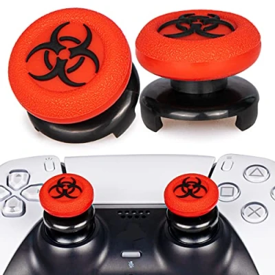 Abbildung von Playrealm FPS Thumbstick Extender &amp; 3D Textur Gummi Silikon Griffabdeckung Thumb Grip Aufsätze 2 Sätze für PS5 Dualsenese PS4 Controller(Bioh Rot)
