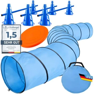Abbildung von Hunde Agility Tunnel Hundetunnel Spieltunnel; 500cm Agilitytunnel; Zubehör Set Hundehöhle inkl. Heringe, Transporttasche, Wurfspielzeug Frisbee &amp; Steckhürden mit Hütchen