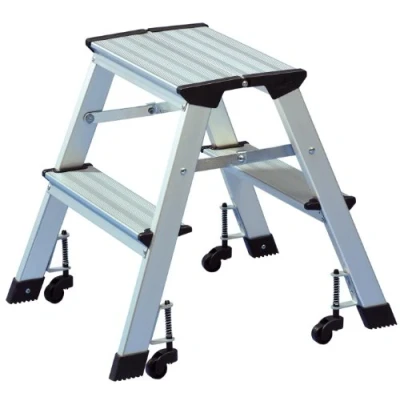 Abbildung von WEDO 2151 mobile Trittleiter aus Aluminium mit Rollen, Tragkraft 150 kg, Farbe silber, senkt sich bei Belastung ab, platzsparend klappbar