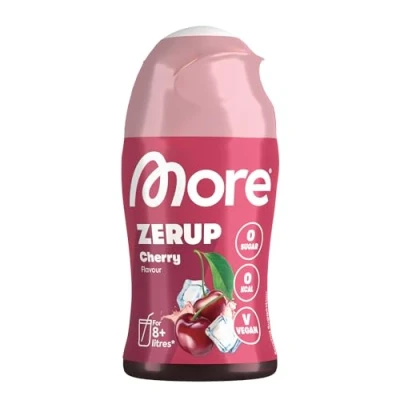 Abbildung von MORE Zerup, Cherry, 65 ml, für bis zu 8 l Fertiggetränk, zuckerfreier Sirup mit echten Fruchtextrakten, vegan, zero Kalorien made in Germany