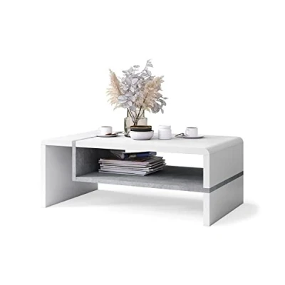 Abbildung von All4All Couchtisch Figo Kleiner Kaffeetisch Wohnzimmertisch Sofatisch mit Brett kompakte Größe 100x60cm 05 Weiß + Betonoptik Millenium