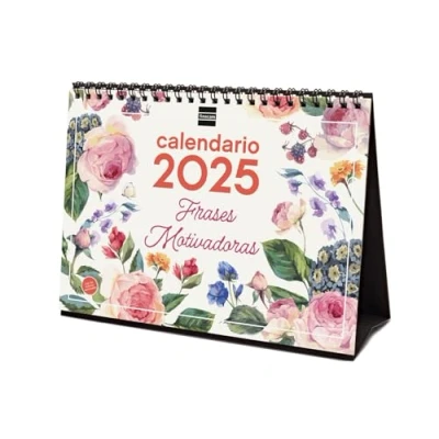 Abbildung von Finocam Tischkalender zum Schreiben 2025 Monat Ansicht Januar Dezember (12 Monate) motivierende Sprüche Spanisch