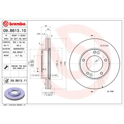 Abbildung von BREMBO COATED DISC LINE 09.B613.11 Bremsscheibe 302 28 5 innenbelüftet beschichtet mit Schrauben KIA: SORENTO 1