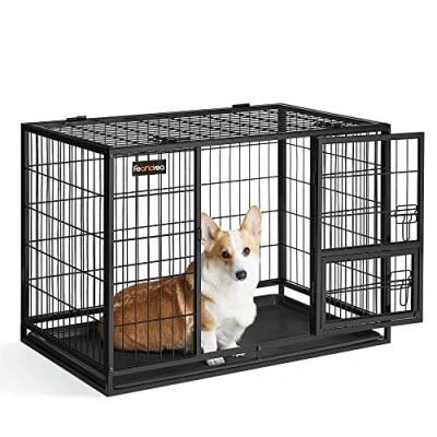 Abbildung von Feandrea Hundekäfig hochbelastbar, Gitterbox, transportabler Haustierkäfig, 92,5 x 57,5 64 cm, für kleine, mittelgroße Hunde, sicher, 2 abnehmbare Türen, Welpenauslauf, L, tintenschwarz PPD002B01