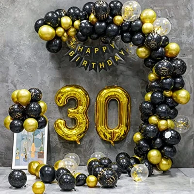Abbildung von 30 Geburtstag Deko, Frauen Männer,30 Jahre Geburtstagdeko, Happy Birthday Girlande Ballon Schwarz Gold Dekoration, Deko Luftballons Party