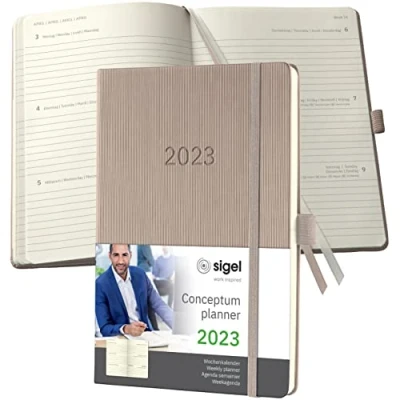 Abbildung von SIGEL C2360 Terminplaner Wochenkalender 2023 ca. A5 taupe Hardcover 192 Seiten Gummiband, Stiftschlaufe, Archivtasche PEFC zertifiziert Conceptum