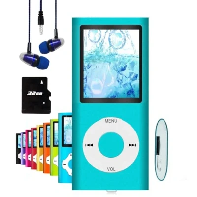 Abbildung von Hotechs MP3 Player/MP4 Player, Player mit 32 GB Speicherkarte, schlankes Design, digitales LCD Display, 4,6 cm (1,8 Zoll) FM Radio (Blau)