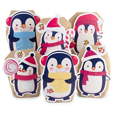 Abbildung von Adventskalender zum Befüllen Pinguin 24 Kraftpapiertüten braun Geschenktüten Weihnachten, Weihnachtskalender Bastelset inkl. Zahlenaufkleber, Accessoires von pajoma