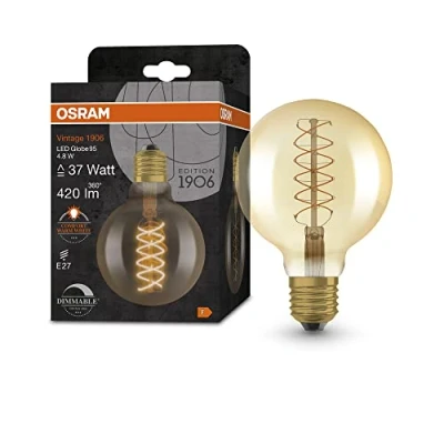 Abbildung von OSRAM s Vintage 1906 Gold Tönung,4,8W,420lm,Kugel Form 95mm Durchmesser&amp;E27 Sockel,warmweiße Lichtfarbe,spiralförmiges Filament,dimmbar,bis zu 15.000 Stunden Lebensdauer,4058075761612,37W Ersatz