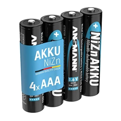 Abbildung von Ansmann Nickel Zink Akku AAA 1,6V 550mAh (900mWh) Micro NiZn/Ni Zn Accu wiederaufladbare Batterien Ersatz für 1,5V Einwegbatterien (4 Stück), Schwarz, Blau, 1321 0001