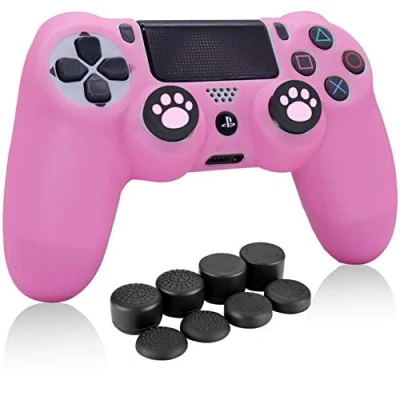Abbildung von Rosa PS4 Controller Skins HLRAO, Silikon Ärmel Fall Cover Skin Hülle Protector + 10 Thumb Grips zum / Slim Pro Controller.