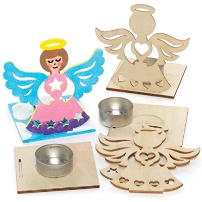 Abbildung von Baker Ross FE926 Engel Teelichthalter Bastelset aus Holz 4er Pack, Holzteelichthalter für Kinder zum Basteln und Bemalen, Weihnachtsbastelsets