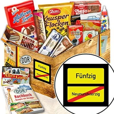 Abbildung von Ortsschild 50 + Ostpaket mit Süßigkeiten Geschenke zum Geburtstag Frau