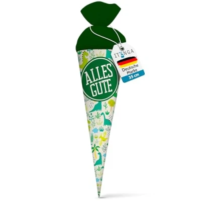 Abbildung von itenga Geschwisterschultüte 35cm Tiere Tiermuster Geschenkverpackung Schultüte Zuckertüte Filzverschluss Kinder Erwachsene (Dinos mit Text Alles Gute)