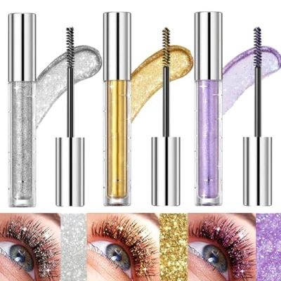 Abbildung von 3 x schimmernde Mascara Lidschatten, bunte glänzende und glitzernde Mascara, verlängernde Wimpern, wischfest, wasserfest, langanhaltend für die Wimpern
