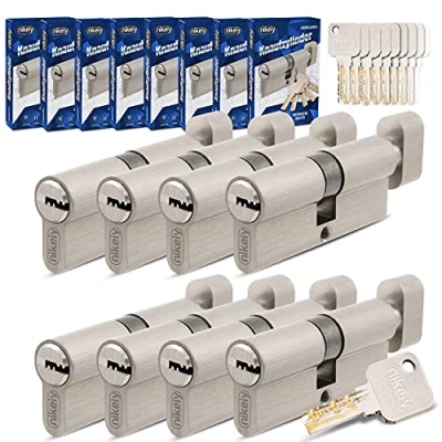 Abbildung von GERCAR Pro Gleichschließend 8 Knaufzylinder 30/30 Set 8x Schließzylinder mit Knauf inkl. 40 Schlüssel 60 mm Türschloss Zylinderschloss 8er Zylinder Länge: 60mm, A:30 B:30 Messing matt massiv