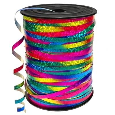 Abbildung von 450 Meter Geschenkband DATEFUN 5mm Schleifenband Regenbogen Glänzend Bunt Glitzer Ringelband Ballonband für Weihnachtsdeko, Ballonverschlüsse, Geschenkverpackung, Hochzeitsdeko