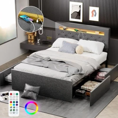 Abbildung von Oyajia Polsterbett Doppelbett 140x200 mit LED Kopfteil und USB Port, Stauraumbett 4 Stauraum Schubladen, Bett Bettgestell Lattenrost bettkasten, Leinen, Grau