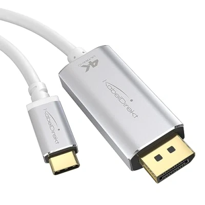 Abbildung von KabelDirekt USB C auf DisplayPort Adapter Kabel mit bruchfesten Metallsteckern 2 m (überträgt 4K Video/60 Hz von Notebooks/Smartphones Bildschirme DP, 3.1, Typ C, Thunderbolt 3, Weiß)