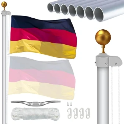 Abbildung von NQ 20FT Fahnenmast 6m stabil, Aluminium höhenverstellbar, Fahnenstange Set für Außenbereich, Deutscher Fahnenmast(Silber)