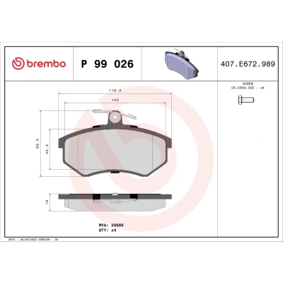 Abbildung von BREMBO P 99 026 Bremsbelagsatz exkl. Verschleißwarnkontakt mit Bremssattelschrauben ohne Zubehör CHERY: Tiggo
