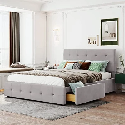 Abbildung von ModernLuxe Bett Samtstoff, Einzelbett/Doppelbett, Polsterbett mit Schubladen, Rückenlehne und Lattenrost, Höhenverstellbares Kopfteil,Jugendbett Gästebett (ohne Matratze) (Grau, 140 x 200cm)