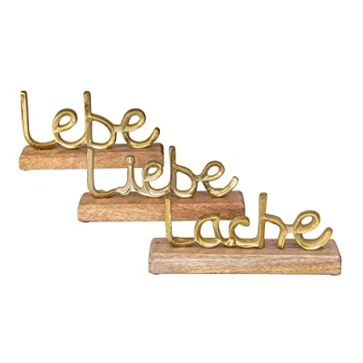 Abbildung von Levandeo® Deko Schriftzug, 3er Set Schriftzug Lebe Lache Liebe L22cm Metall Gold Mango Holz