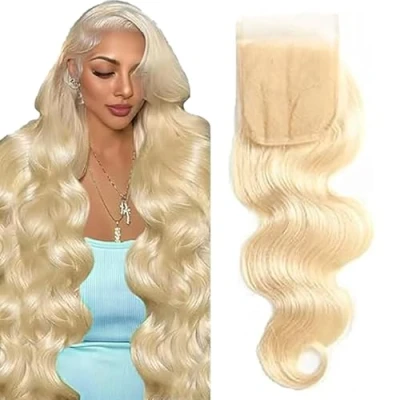 Abbildung von Tuheerst Lace Closure Human Hair Body Wave 4x4 Honey Blonde Bresilienne Cheveux Humain Bleached Knots with Baby for Woman 20 Inch