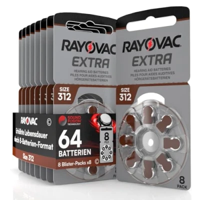 Abbildung von 64 Hörgerätebatterien Rayovac Extra Size 312 8 Blister mit Batterien