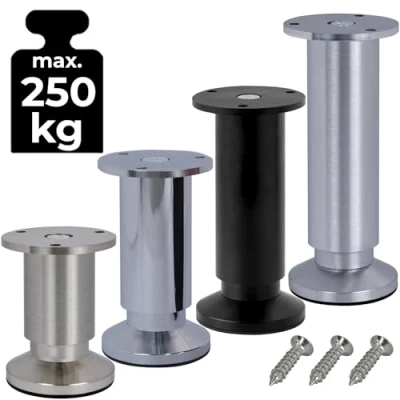 Abbildung von Stahlia Möbelfüße verstellbar (4er SET) 12cm Höhe EDELSTAHL OPTIK Ø 38mm Aluminium Schrankfüsse belastbar bis 250Kg Sofa Füße Möbelbeine Metallfüße Regalfüße