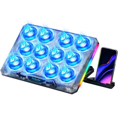 Abbildung von Trullypine Laptop Kühlpad für 12 17,3 Zoll, leistungsstarke leise Lüfter, schnelle Kühlung, ergonomischer Notebook Cooler Ständer, 5 höhenverstellbar, 2 USB Anschlüsse, Telefonhalter (Getriebe)