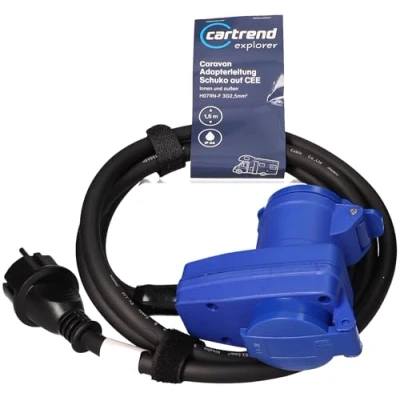 Abbildung von cartrend Explorer CEE Adapter mit Winkelkupplung und Schutzkontaktstecker, zum Anschluss von Wohnmobilen Wohnwägen an externe Stromversorgung, IP44, 1,5m, schwarz