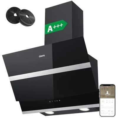 Abbildung von CIARRA A+++ ASB6736N Dunstabzugshaube 60 cm Umluft Wi Fi App Upgrade Touch Bedienung Kopffreie Schräghaube 650 m3/h Booster Dimmbar LED Beleuchtung Abluft mit CBCF003 Aktivkohlefilter Schwarz