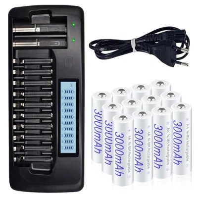 Abbildung von Akku Batterien AA 12 Stück 3000mAh Mit Ladegerät Intelligent Slot Smart LCD Schnellladegerät Universale für Mignon AA, Miscro AAA 1.2v NIMH Wiederaufladbare