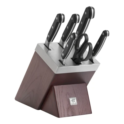 Abbildung von ZWILLING Pro selbstschärfender Messerblock, 7 tlg., Esche, Messer und Schere aus rostfreiem Spezialstahl, 3 Nieten Design, Braun