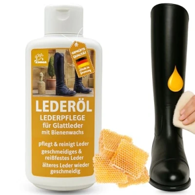 Abbildung von EMMA Lederöl Lederfett farblos Ledereiniger Lederpflege für Ledercouch Auto Sofa Schuhe Sattel Pferd Pflegemittel als Lederoel Leather Cleaner Autoleder Lederbalsam Pflege Glattleder 500ml